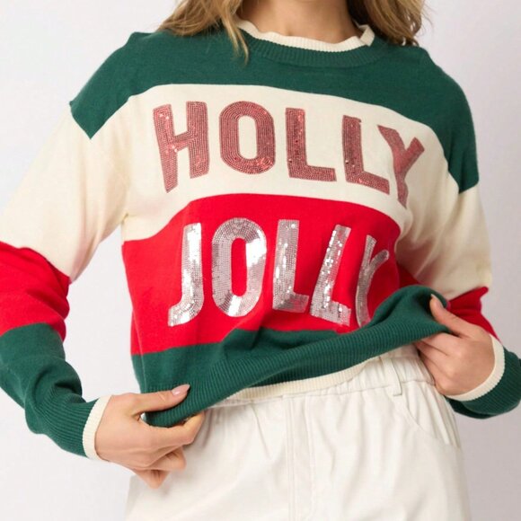 Green Casual Women's Christmas Knit Sweater Long Sleeve Crewneck with Sequins - Picture 4 of 5